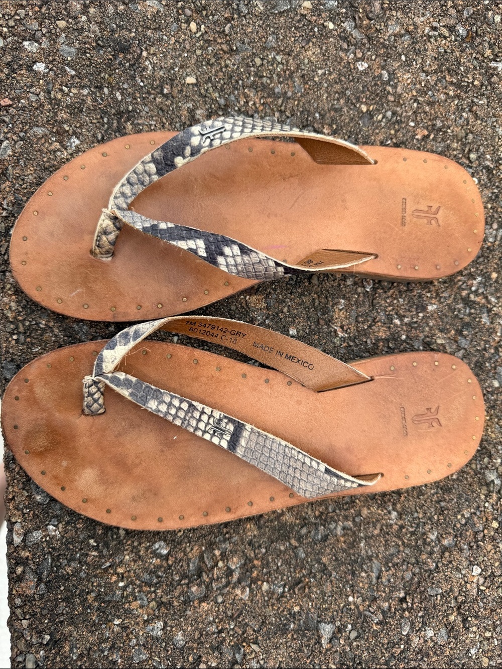 Frye Tan Leather Flip Flop Sandals with Snake-Print Straps